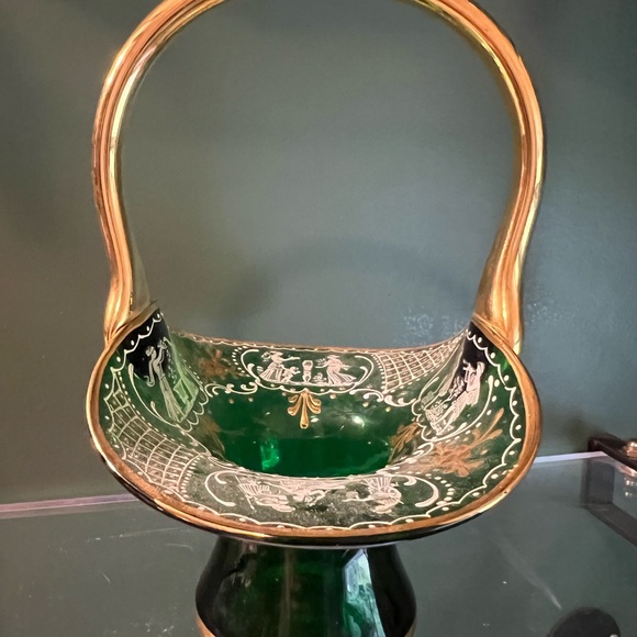 Vintage Bohemia Hand-Painted Gilded Blown Glass Basket - Picture 2 of 4